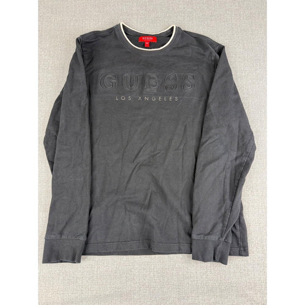 Guess Los Angeles Mens Long Sleeve T-Shirt Embossed Logo Black Gray Large